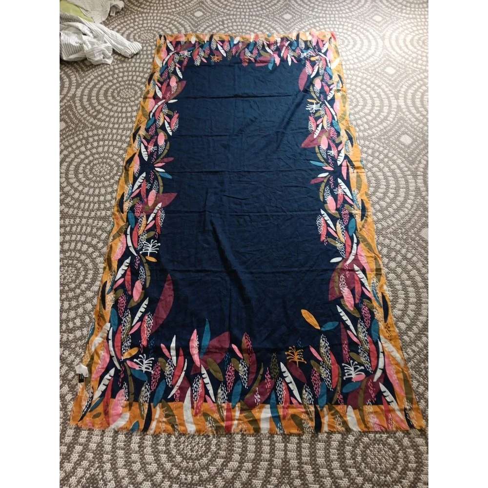 Galeries Lafayette Paris Sheer Scarf Navy Blue Leaf 100% Cotton Fringe Artsy - Picture 4 of 6